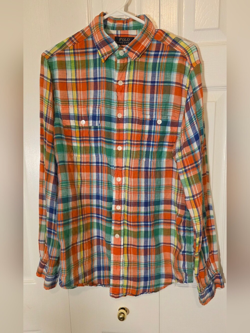 Polo by Ralph Lauren Linen Orange & Green Plaid Button-Down Shirt M